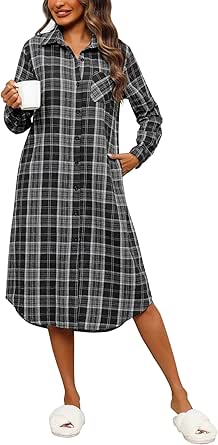 Ekouaer Women's Nightgown Plaid Flannel Warm Cotton Christmas Nightgown Sleep Shirt Button-Front Nightshirt Sleepwear