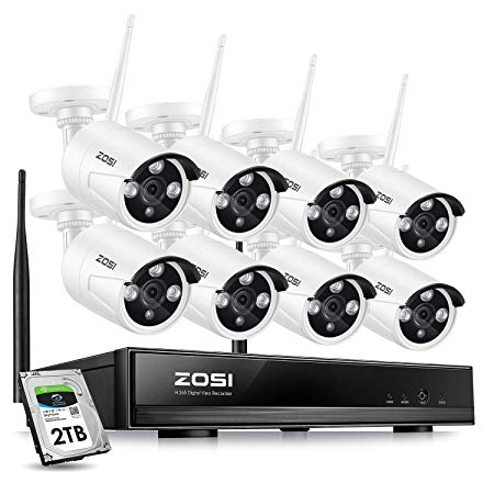 ZOSI 8CH Security Wireless Cameras System, 8Channel 960P Wi-Fi NVR, and 8Pcs 1.3MP 960P 100ft Night Vision IP CCTV Surveillance Cameras Kit, Smartphone Easy Remote View with 2TB Hard Drive