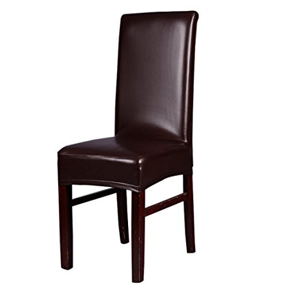 Dining Chair Covers, My Decor Solid Pu Leather Waterproof Stretch Dining Chair Protctor Cover Slipcover, Coffee, 1 Pack