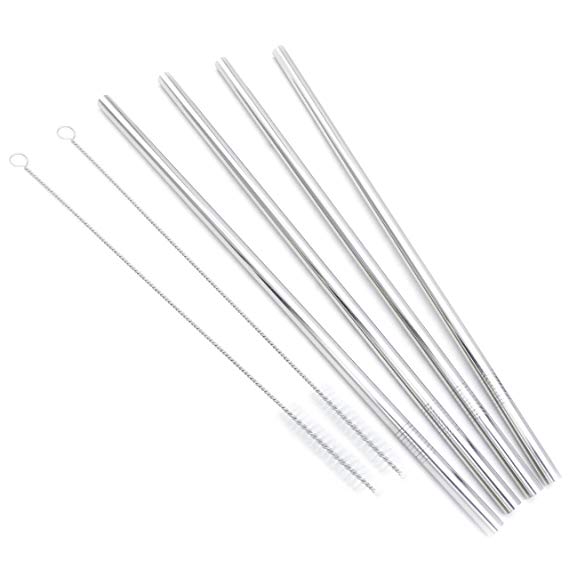 Big Drinking Straws Reusable 12" Extra Long 9mm Extra Wide SUS 304 Food-Grade 18/8 Stainless Steel - Set of 4 with 2 Cleaning Brushes - Straight
