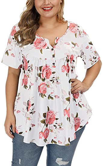 Allegrace Women's Plus Size Floral Blouses Henley V Neck Button Up Tunic Tops Ruffle Flowy Short Sleeve T Shirts