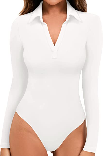 MANGOPOP Women V Neck Polo T Shirts Long Sleeve Bodysuit Tops Casual Collared Leotard