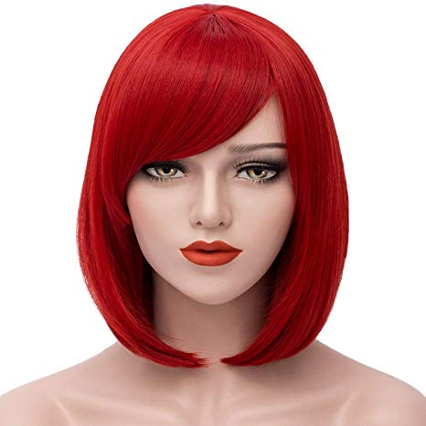 Mersi Short Bob Wig Red Wigs Women Cosplay Wig Straight Costume Wigs Girls Wigs Oblique Bangs Wigs 12 Inch with Wig Cap S009R