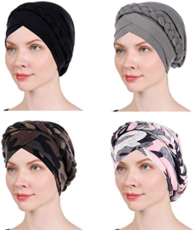 1 Pack / 2 Packs / 4packs Women Turban Twisted Beaded Braid Chemical Cancer Headscarf Cap Hair Covered Wrap Hat