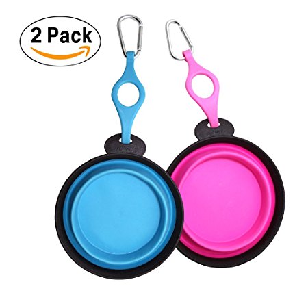 PerSuper Dog Bowl,2 pack Collapsible Food Grade Silicone Expandable Pet Bowl,Portable Travel Bowl with Buckle,Durable Water Food Bowl for Dogs,Cats,Pets(Blue and Pink)