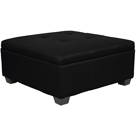 36" x 36" x 18" high Tufted Padded Hinged Storage Ottoman Bench, Leather Look Black