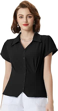 Belle Poque Women Short Sleeve Button Down Shirts Vintage Shirts Business Casual Dressy Blouse Tops