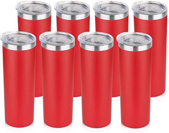 HASLE OUTFITTERS 20 oz Stainless Steel Skinny Tumbler bulk, Double Wall Vacuum Slim Water Tumbler Cup with lid, Reusable Metal Travel Coffee Mug Set of 8, Red