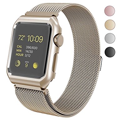 Sundo Milanese Loop Stainless Steel Replacement iWatch Band with Aluminium alloy case (not plastic)for Apple Watch Nike  & Sport & Edition,Series 2, Series 1 (Retro Gold 38 ML Case)
