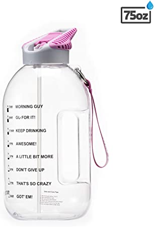 BOTTLED JOY Half Gallon Water Bottle with Straw Lid, BPA Free 75oz Large Water Bottle Hydration with Motivational Time Mark Leak-Proof Drinking 2.2L Water Bottle for Camping Workouts and Outdoor