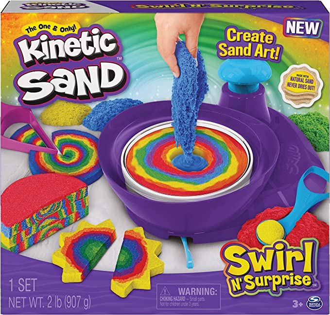 Kinetic Sand, Swirl N’ Surprise Playset with 907g of Play Sand, Including Red, Blue, Green, Yellow, and 4 Tools, Sensory Toys for Kids Aged 3 and up, for Christmas