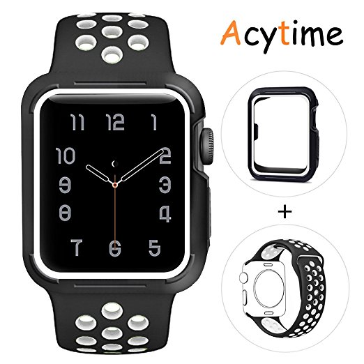 For Apple Watch Band, Acytime Durable Soft Silicone Replacement iWatch Band Sport Style Wrist Strap for Apple Watch Band Series 3 Series 2 Series 1 (Black White, 42mm M/L)