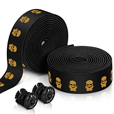 2 PCS Bike Handlebar Tape, Road Bicycle Bar Tapes, Non-Slip EVA Cycling Handle Wraps, with Bar End Plugs, Fashionable Skull Design, Rubber Foam, Shock Absorbing, Self-Adhesive Strips, for Road Bike