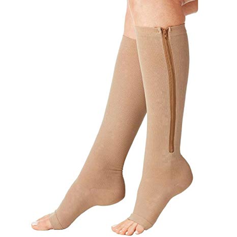 Zipper Compression Socks (2 Pairs) Knee High Open Toe Compression Stocking for Edema, Varicose Veins, Swollen, Sore Knee High Compression Sox