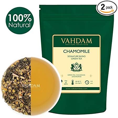 VAHDAM, Chamomile Green Tea Loose Leaf (100 Cups) | RICH IN ANTI-OXIDANTS | Chamomile Tea With Pure Green Tea Leaves | CALMING & RELAXING BEDTIME TEA | Brew as Hot Tea or Iced Tea | 3.53oz (Set of 2)