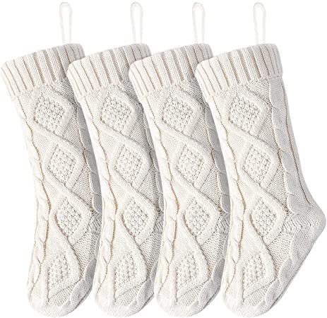 BABYLAB Christmas Stockings Stuffers 4 Pack Knitted Ivory White 18 Inch Ornaments Stocking Gifts for Women Men Kids Xmas Tree Indoor Decorations Holiday Family Party