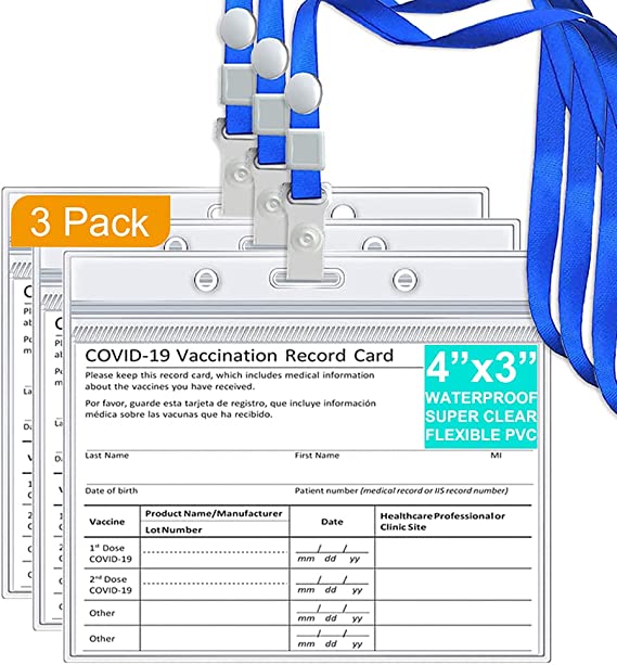 CDC Vaccine Card Protector 4x3 in, Clear Covid Immunization Vaccination Card Holder, Plastic Sleeve for Vaccination Card Waterproof (3 Pack, with Lanyard)