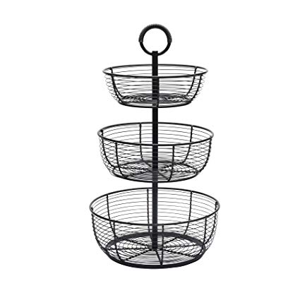 Gourmet Basics by Mikasa 5216454 Round Wrap 3-Tier Metal Floor Standing Fruit/Home Storage Basket, Antique Black