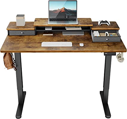 ErGear Electric Standing Desk with Double Drawers, 48x24 Inches Adjustable Height Sit Stand Up Desk, Home Office Desk Computer Workstation with Storage Shelf, Vintage Brown