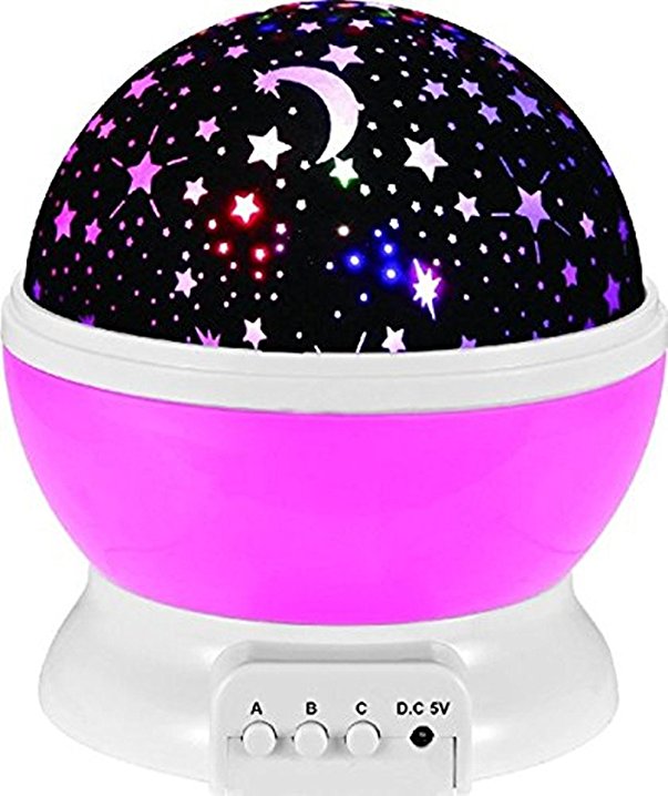 SinoPro Galaxy Constellation Night Light - 4 Bright Colours with 360 Degree Moon Star Projection and Rotation - Kids Baby Bedroom and Nursery - Calming and Relaxing-DC5V/AAA Battery Powered (Pink)