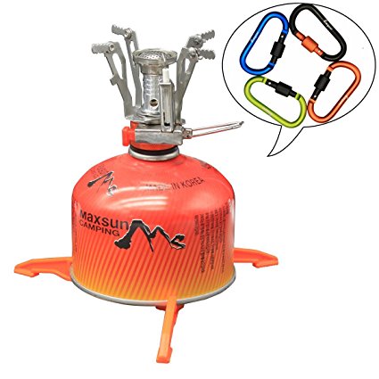 6Pcs Backpacking Cooking System - Bisgear Ultralight Portable Outdoor Camping Stove with Piezo Ignition   Foldable Cooking Gas Tank Stand Cartridge Canister Tripod & 4 Carabiners (Orange)