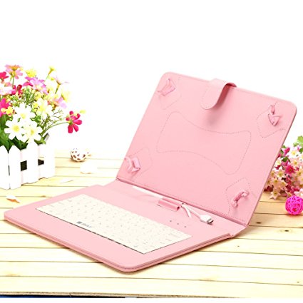 iRULU Leather USB Keyboard Case for 10 Inch Touch Screen Tablet with Buttons and Stand - Pink