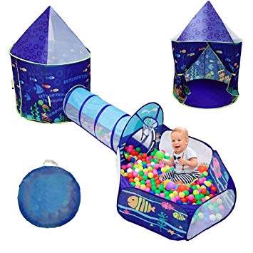 LOJETON 3pc Ocean World Kids Play Tent, Tunnel & Ball Pit with Basketball Hoop for Boys, Girls and Toddlers - Indoor/Outdoor Playhouse, Lightweight, Easy to Setup