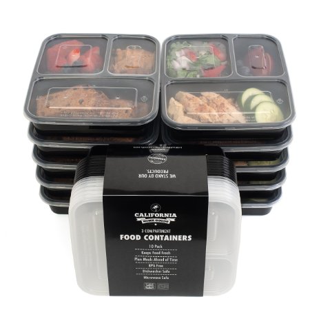 [10-Pack] Premium 3-Compartment Stackable Meal Prep Containers With Lids Microwave, Dishwasher Safe And Reusable Bento Lunch Box With Plate Dividers By California Home Goods
