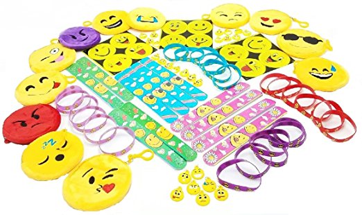 Emoji Theme Party Favors. 85 Piece Set of Slap Bracelets, Charms, Coin Purses, Stickers and Silicone Bracelets.