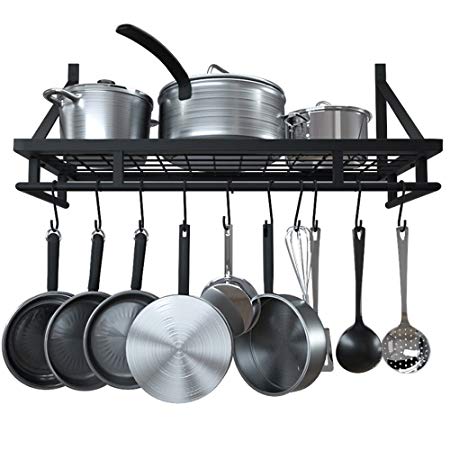 KES 24-Inch Kitchen Wall Mount Pot Pan Rack Wall Shelf With 10 Hooks Matte Black, KUR215S60-BK