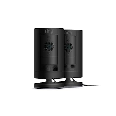 Ring Stick Up Cam Plug-In HD security camera with two-way talk, Works with Alexa – Black – 2-Pack