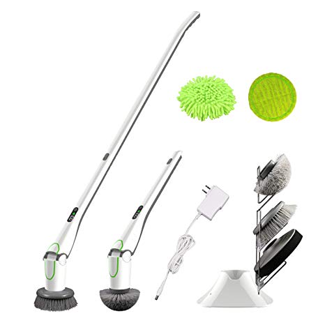 NPOLE Spin Scrubber with 5 Replaceable Brush Heads, Power LED Display, Long Extension Handle Shower Cleaner,Suitable for Cars, Kitchens, Floors, Walls, Bathrooms - White