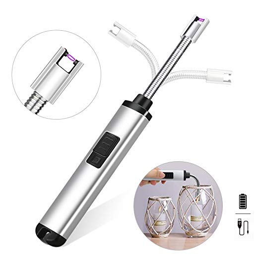 Electric Candle Lighter, QHUI Arc Windproof Lighter USB Rechargeable, Upgraded Long Flameless Electronic Lighters with Gift Box, Safety for Home Kitchen,BBQ, Camping and Fireplaces,Silver