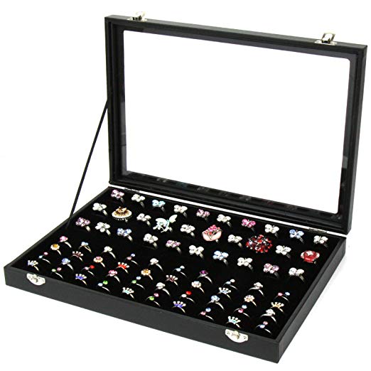 H&S® Glass Lid 100 Ring Jewellery Display Storage Box Tray Case Organiser - Black