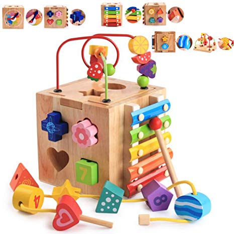 Multi-function Wooden Activity Cube 5-in-1 Center, Beads Maze Roller Coaster Preschool Early Educational Learning Box Xylophone Toys for Child Kids Boys Girls