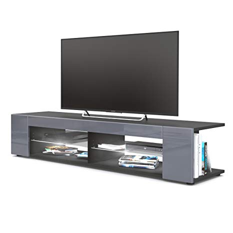 Vladon TV Unit Stand Movie, Carcass in Black matt/Front in Grey High Gloss with LED lighting in White