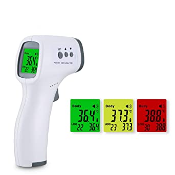(Stock in US) Infrared Digital Non-Contact Thermometer Gun with Three Color LCD Screen for Adult and Baby Forehead, Ear and Body Temperature with Fever Alarm and Memory Function