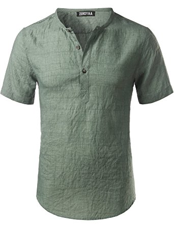 ZEROYAA Mens Casual Big Plaid Henley Short Sleeve Linen T Shirt Tops