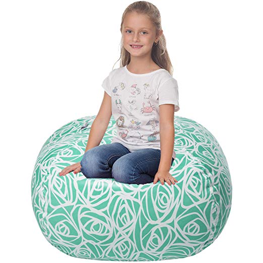 5 STARS UNITED Stuffed Animal Storage Bean Bag - Cover Only - Large Beanbag Chairs for Kids - 90+ Plush Toys Holder and Organizer for Girls - 100% Cotton Canvas Cover - Mint Roses