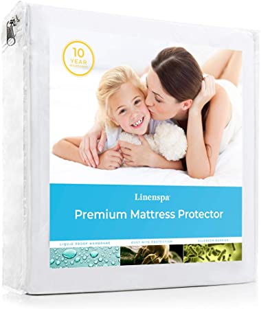 Linenspa Premium Smooth Fabric Mattress Protector-100% Waterproof-Hypoallergenic- Vinyl Free Protector, Queen, White