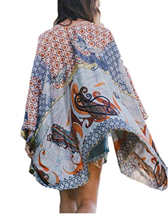 Bsubseach Women's Printed Swimsuit Swimwear Kimono Cover up Cardigan Rayon Shawl Wrap Beachwear