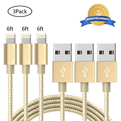 iPhone Cable BULESK 3Pack 6FT Nylon Braided Lightning to USB iPhone Charger Cord for iPhone 7 Plus 6S 6 SE 5S 5C 5, iPad 2 3 4 Mini Air Pro, iPod - Gold