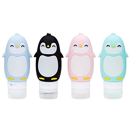 Leak Proof Silicone Travel Bottle Set for Liquids,TSA Approved Portable Squeezable Cosmetic Containers Accessories for Shampoo, Conditioner, Lotion, Toiletries (penguin-4 pack)