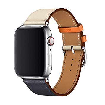 MroTech 42mm 44mm Watch Strap Top Grain Leather Single Loop Tour Band Replacement for Smartwatch Series 4 44 mm and 42 mm Series 3 2 1 Indigo Craie Orange