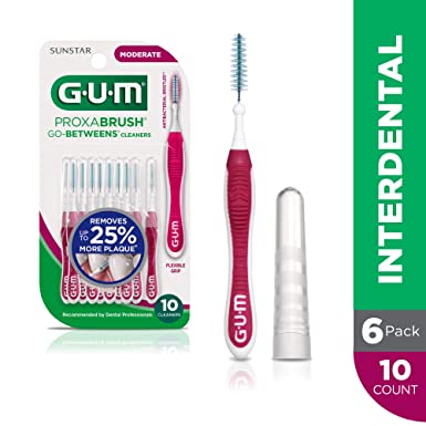 GUM Proxabrush Go-Betweens Interdental Brushes, Moderate, Plaque Removal, 10 Count, (Pack of 6)