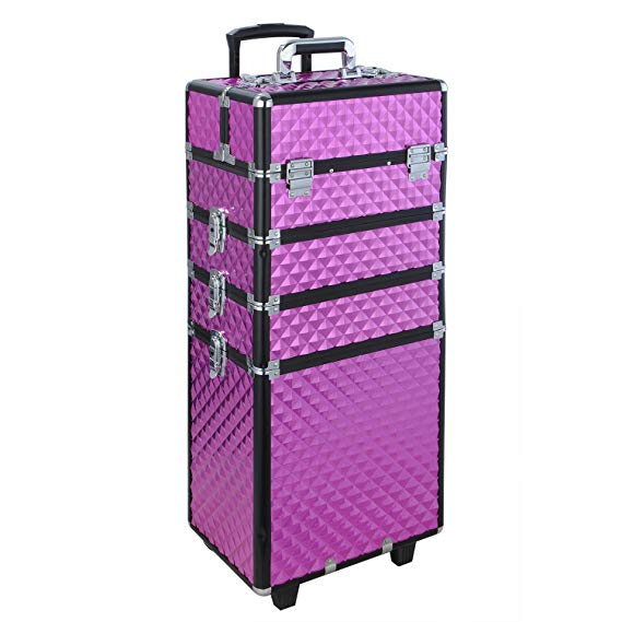 Joligrace Extra Large Beauty Trolley On Universal Wheels Cosmetic Case Rolling Case Beauty Box Vanity Case Hairdressing Organiser for Salon, Beauty Studio, Professional Makeup Artist (4 Tiers, Pink)