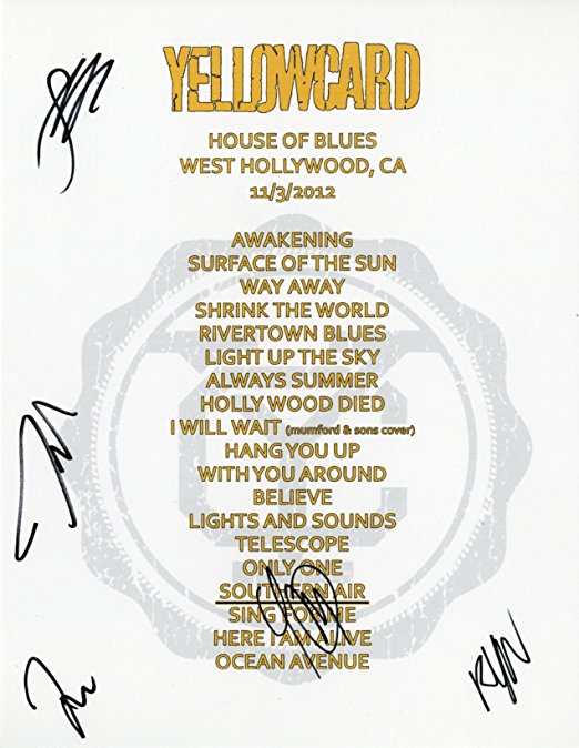 Yellowcard - Alternative Rock Band - Autographed Souvenir Set List