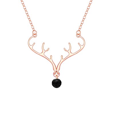 SENFAI Christmas Element Deer Antler Plus Black Lava Rock Volcano Stone 8mm Essential oil diffuser Pendant Necklace 18"