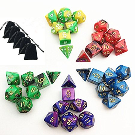 New 5 x 7-Die Series Polyhedral Dice Set - 5 Colors Dungeons and Dragons DND RPG MTG Table Games Dice with 5 Free Pouches