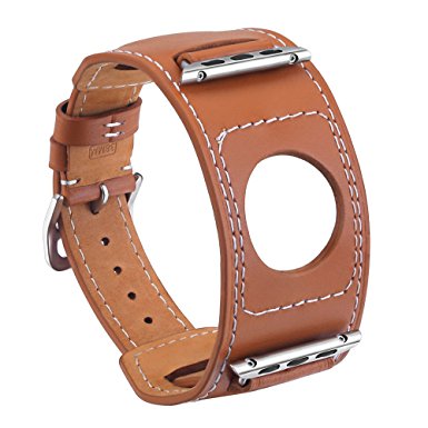 Apple Watch Band, V-MORO 38mm Genuine Leather Smart Watch band Replacement With Adapter Metal Clasp for Apple Watch iWatch All Models--Cuff Bracelet brown 38mm
